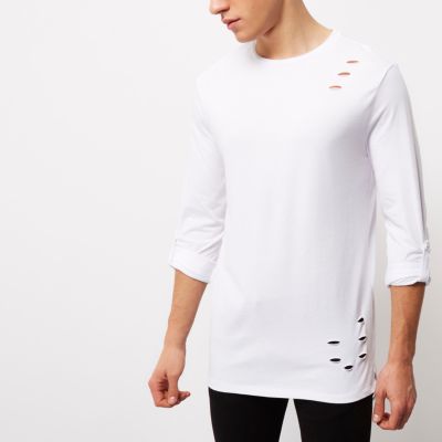 White distressed longline roll sleeve T-shirt